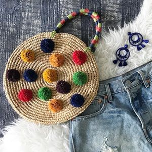Nordstrom woven raffia multi colored pom pom circle bag